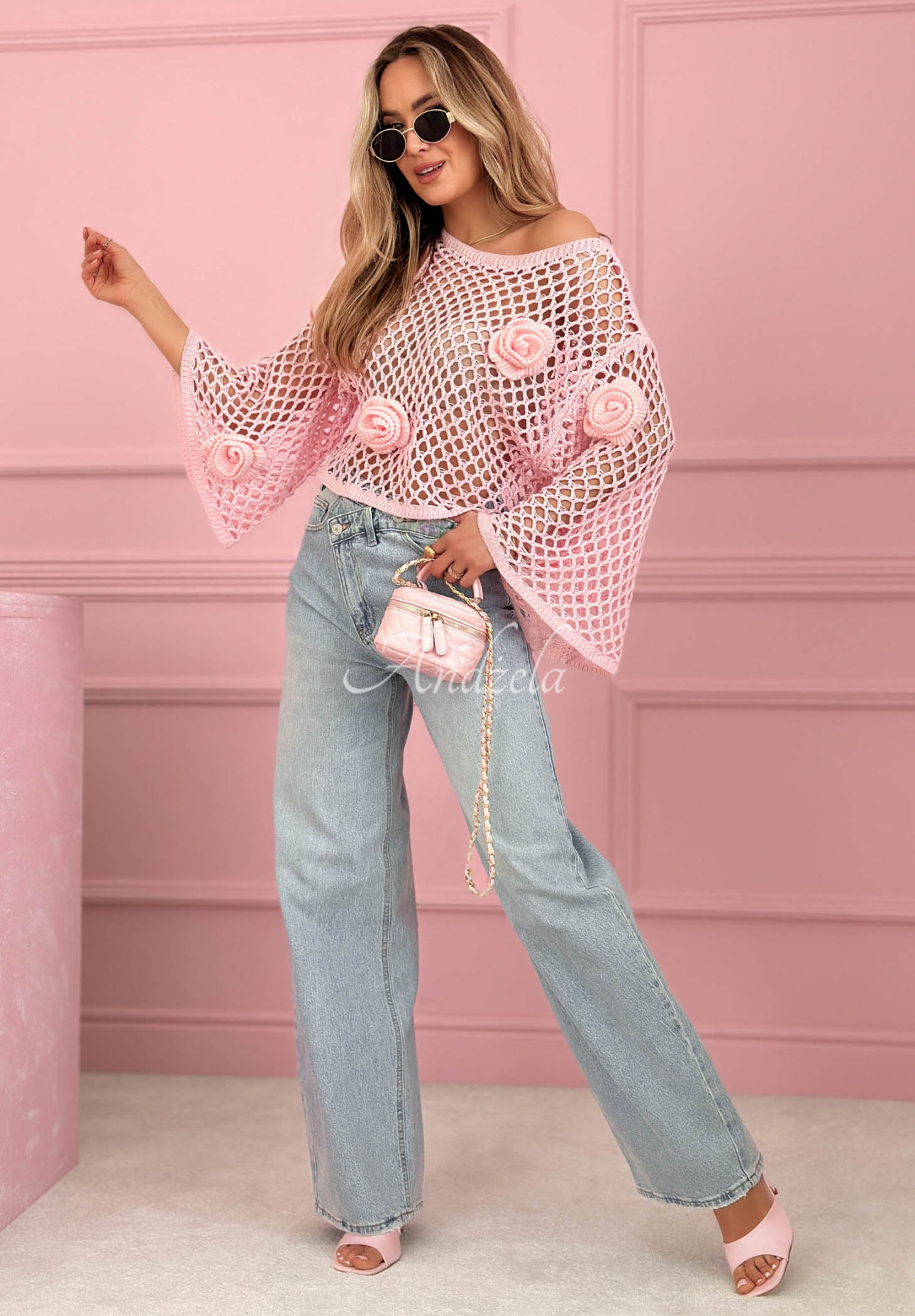 Short openwork sweater with roses, Summer Rose pink