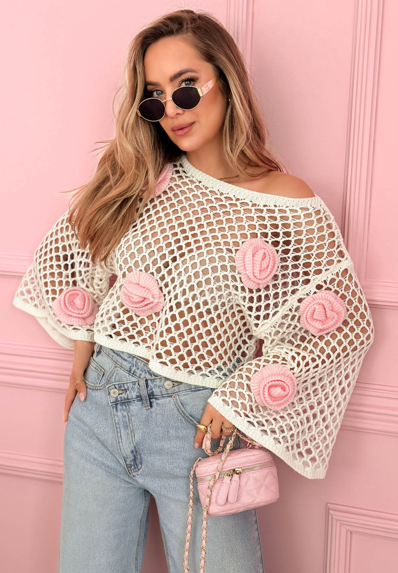 Short openwork sweater with roses, Summer Rose ecru