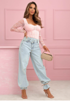 Koronkowe body longsleeve z usztywnianym gorsetem Noelia różowe