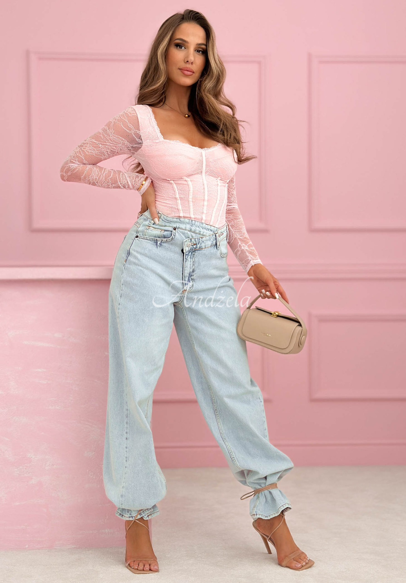 Langärmeliger Body aus Spitze Noelia Rosa