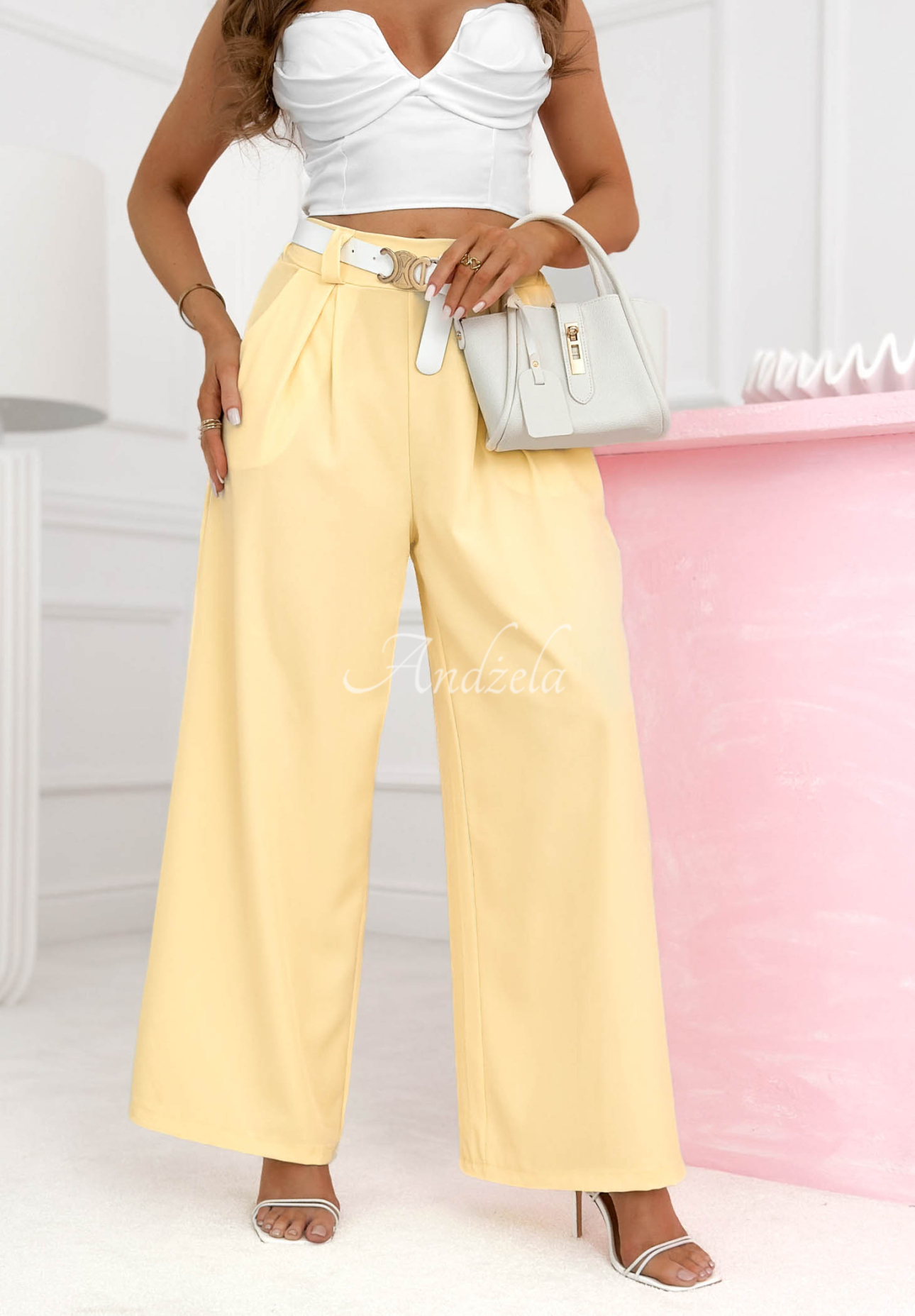 Yellow Morning Cappuccino wide-leg viscose trousers with a belt