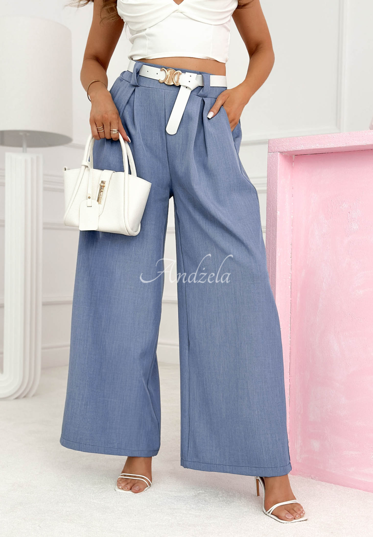 Viskose-Schlaghose wide leg mit Gürtel Morning Cappuccino Blau