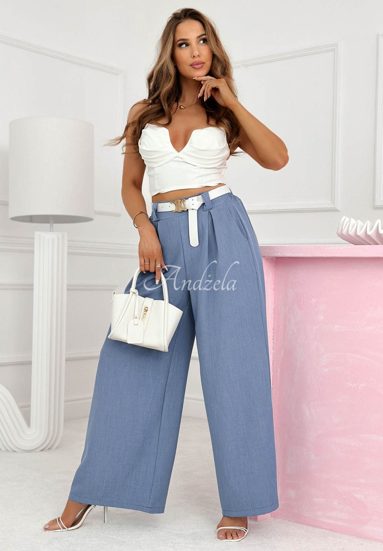 Viskose-Schlaghose wide leg mit Gürtel Morning Cappuccino Blau