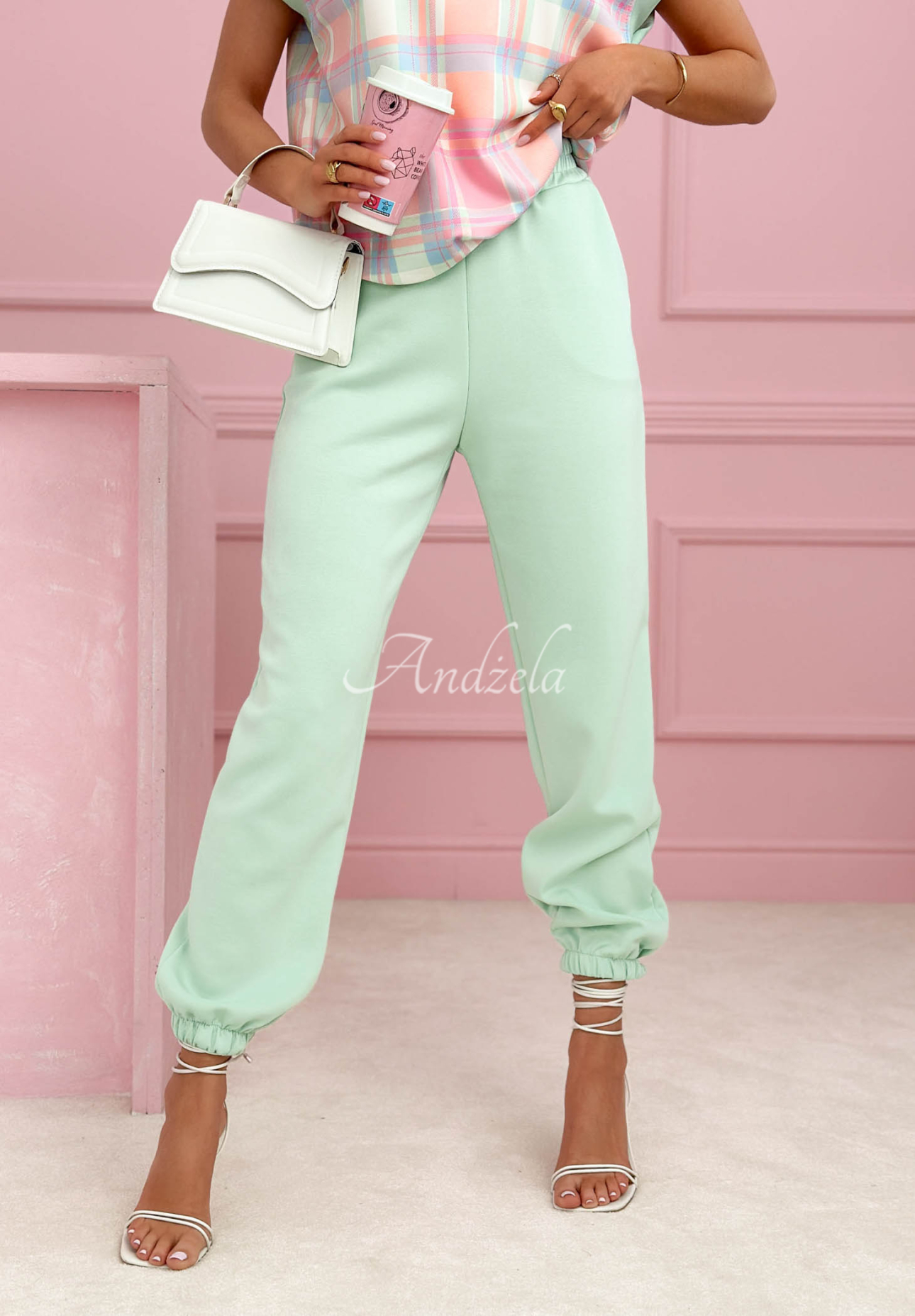 Kariertes Viskose-Set Bluse und Hose Always Here Pistaziengrün