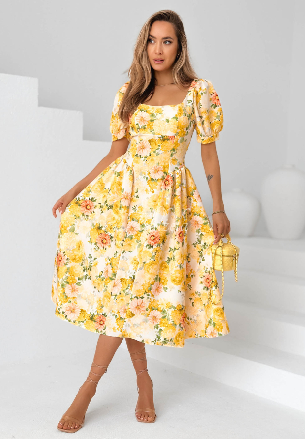 Gebl&uuml;mtes Midikleid mit Puff&auml;rmeln Summer Flowers Gelb