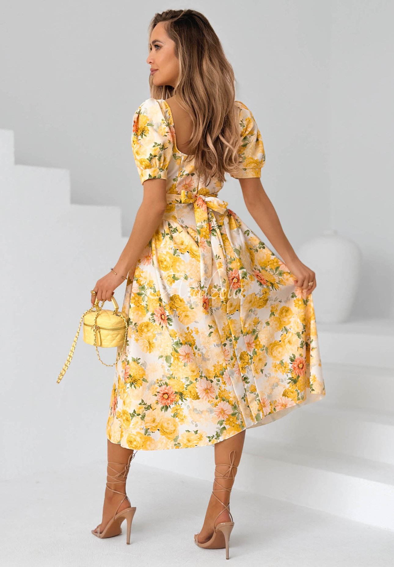 Summer Flowers Yellow Floral Midi Dress with Puff Sleeves