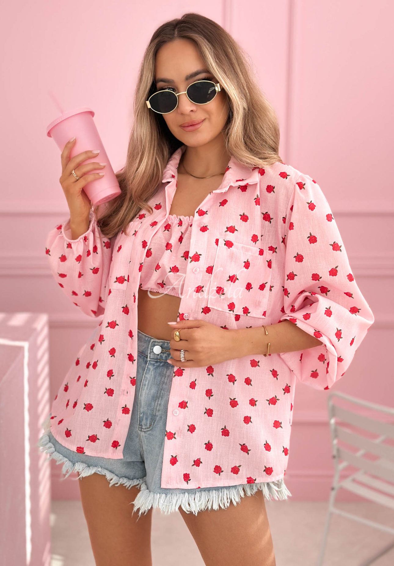 Baumwollset Hemd und Top mit Rosenmuster Velvet Rose Puderrosa