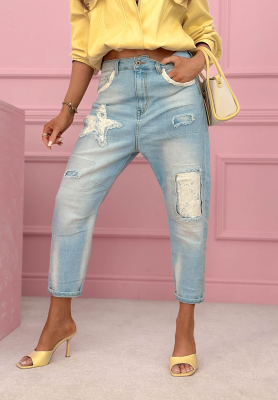 Jeanshose im Mom-Fit mit Aufn&auml;hern Place Like This Blau