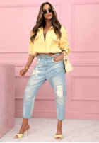 Spodnie jeansowe mom fit z naszywkami Place Like This niebieskie