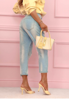 Spodnie jeansowe mom fit z naszywkami Place Like This niebieskie