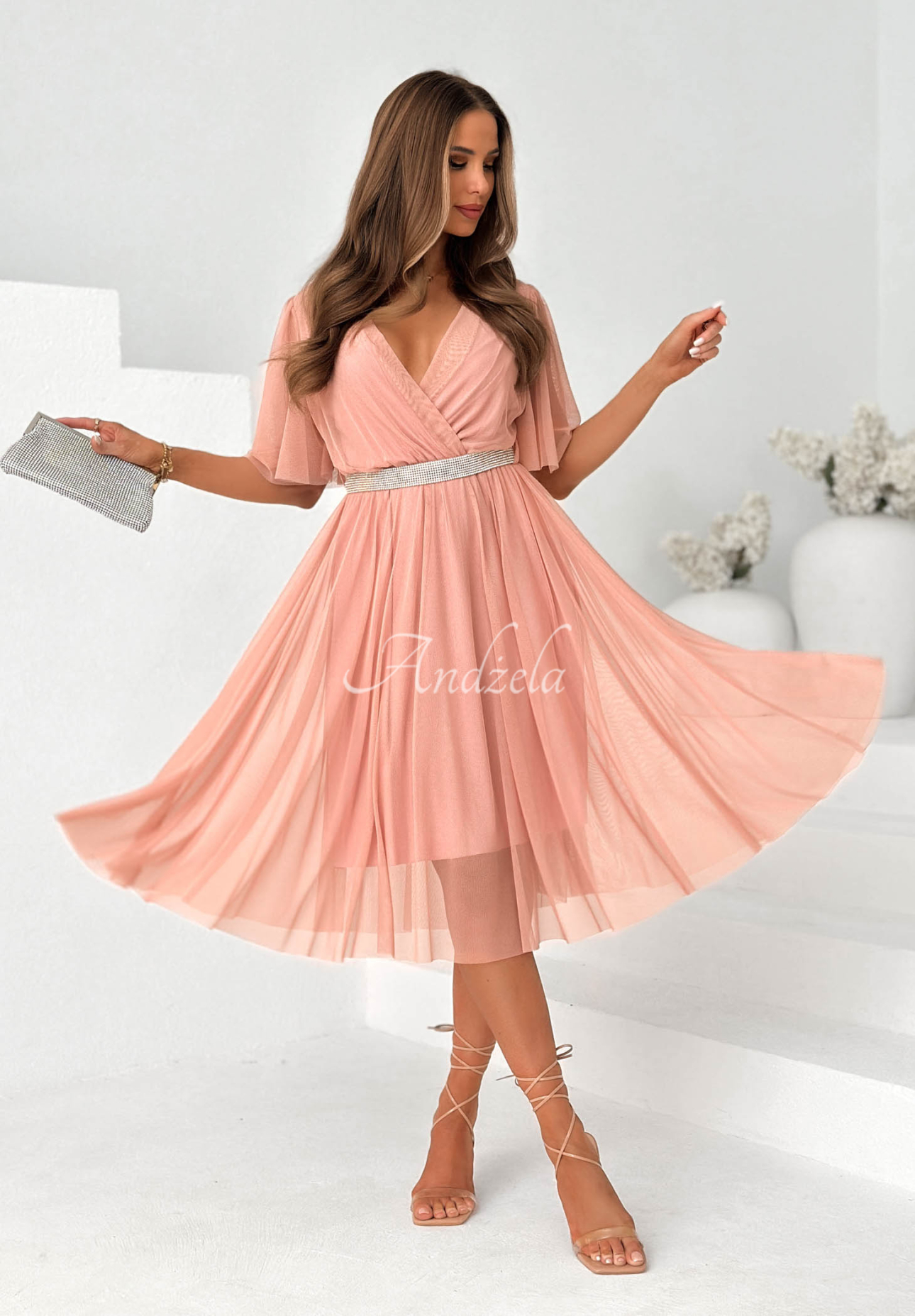 Tulle Vibes powder pink tulle midi dress with a belt