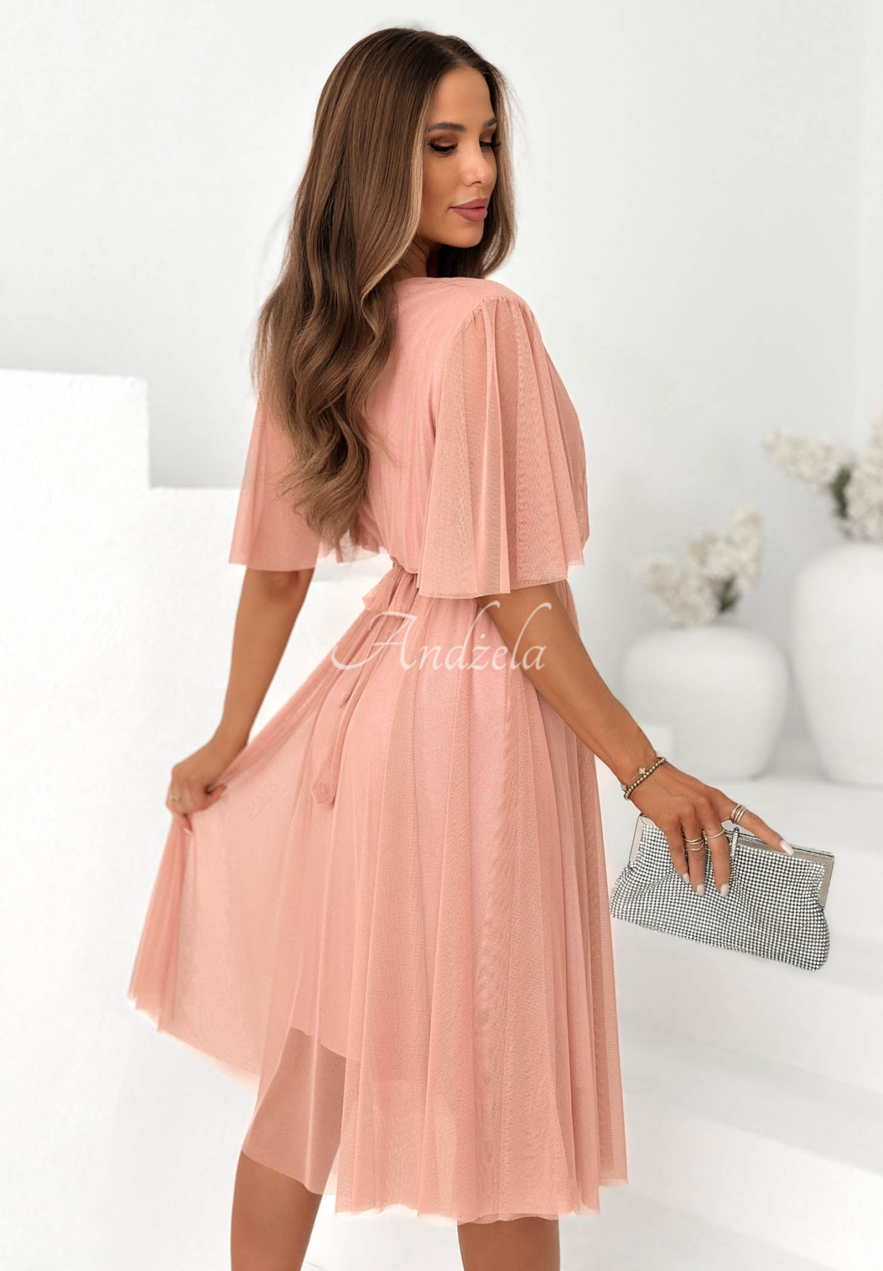 Midi-Kleid aus Tüll mit Gürtel Tulle Vibes Puderrosa
