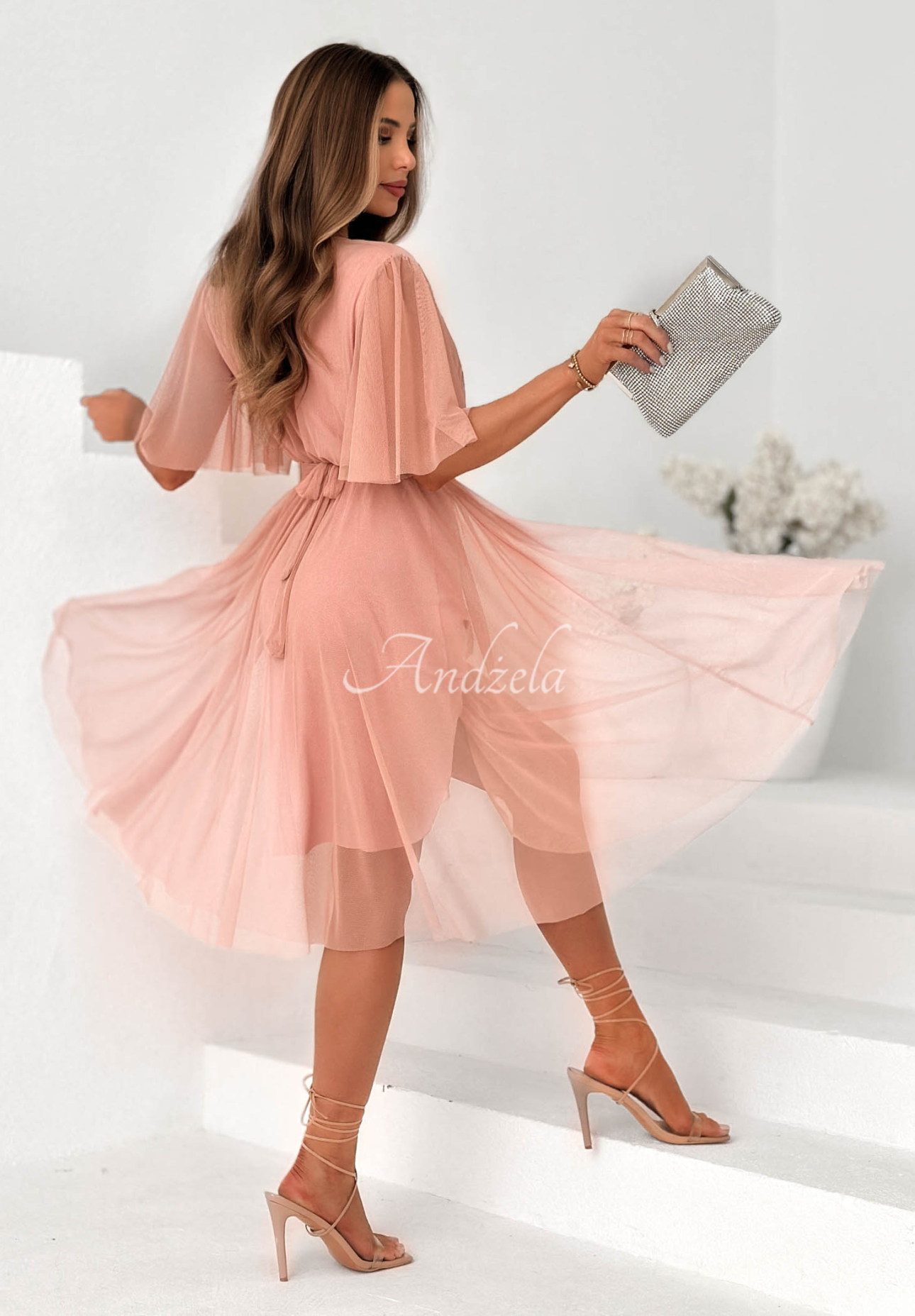Tulle Vibes powder pink tulle midi dress with a belt