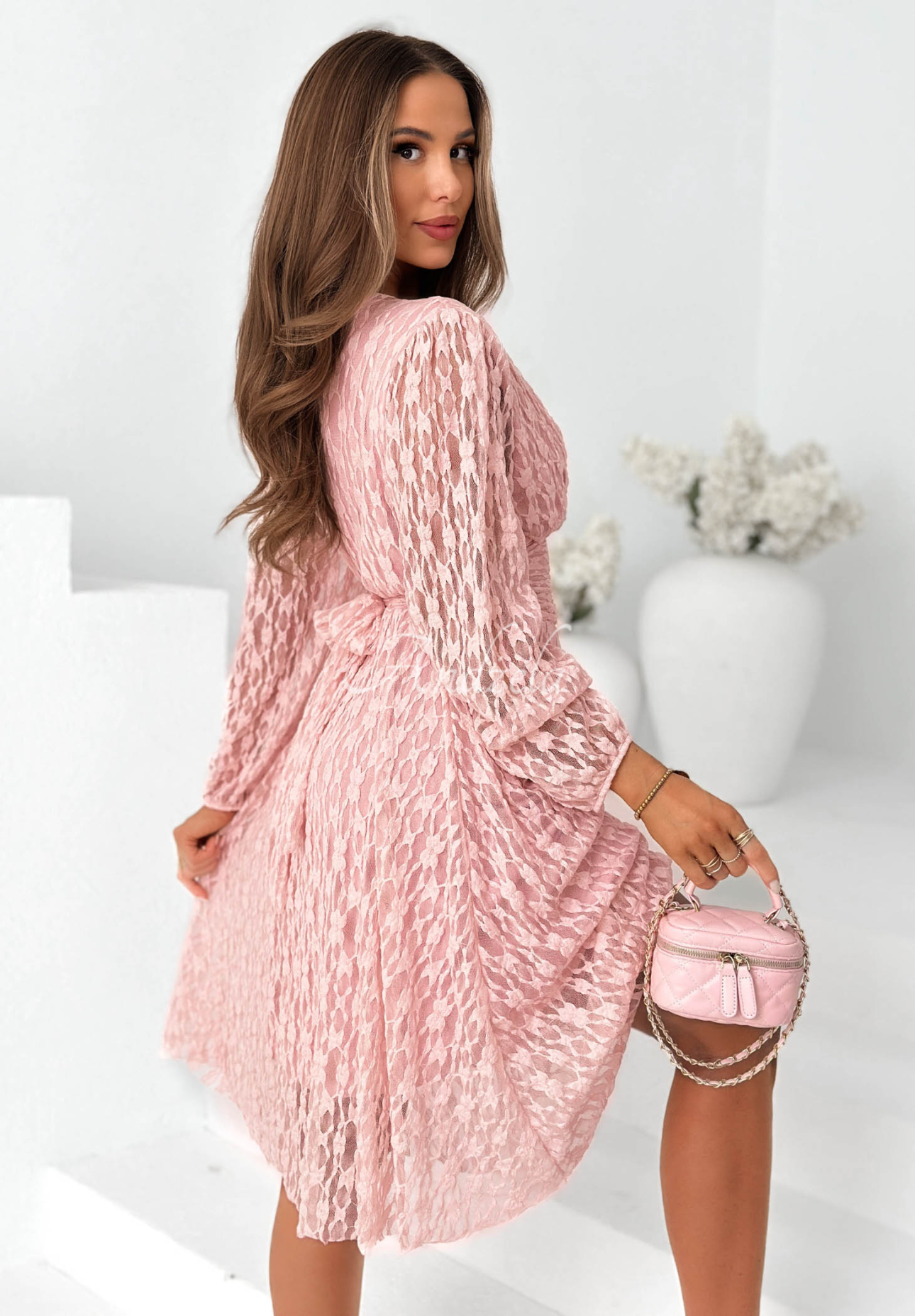 Good Moment lace dress with a gathered waist in powder pink