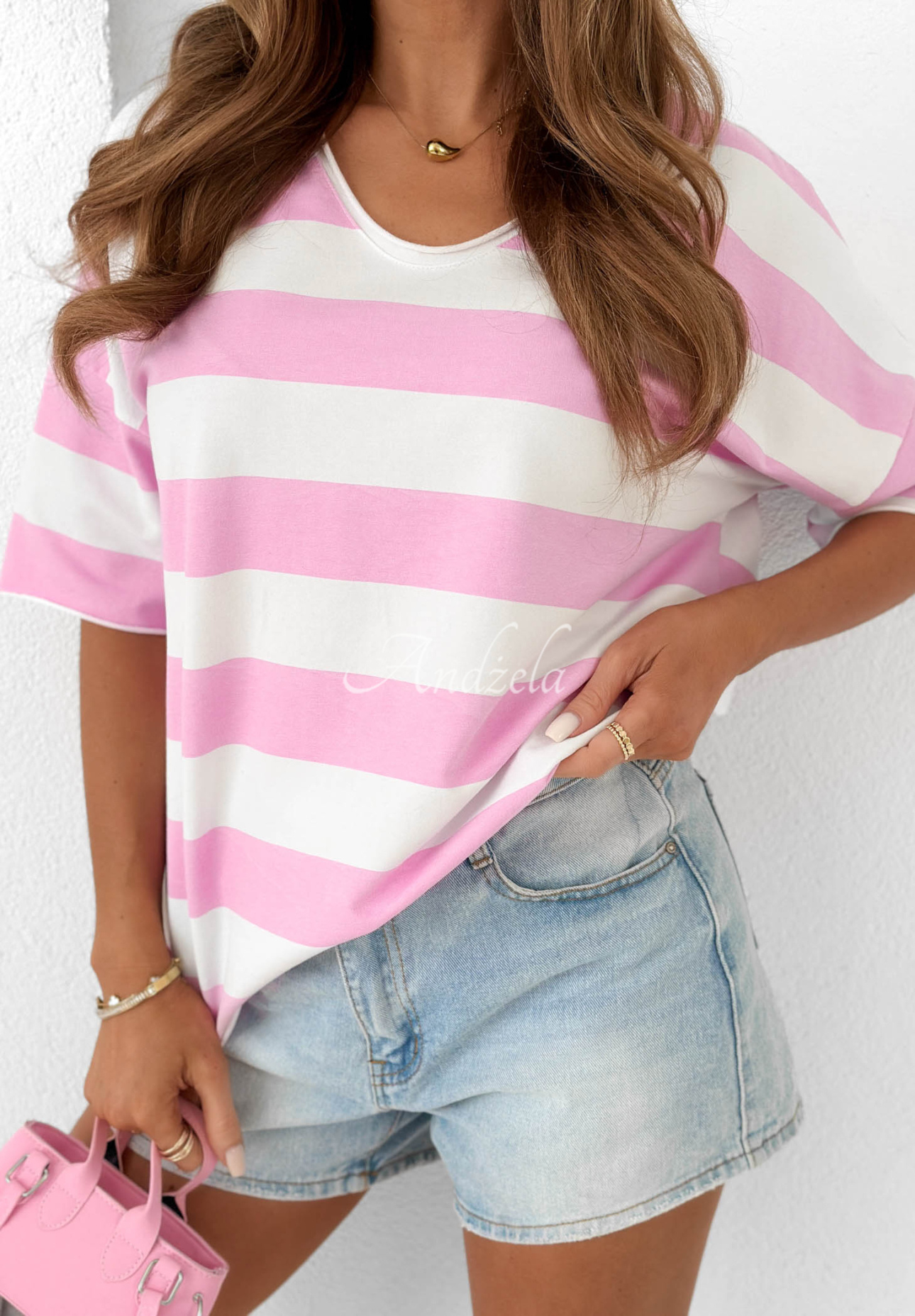 Gestreiftes Baumwoll T-Shirt mit Ausschnitt Summer Lemonade weiß-Rosa