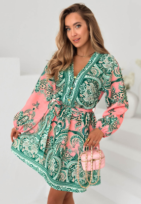 Gemustertes Kleid mit Gürtel und Baumwolle Endless Spring grün-rosa