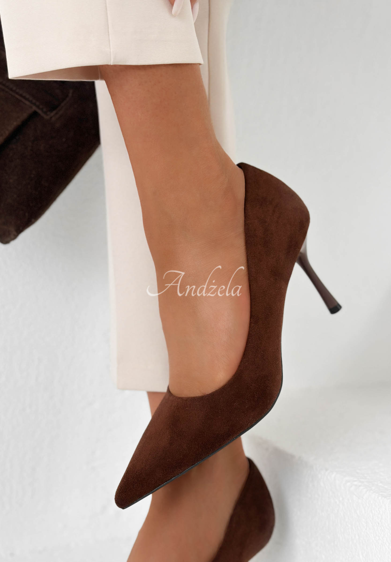 Eloise chocolate-colored suede pointed-toe stilettos
