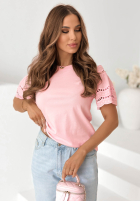 T-shirt z ażurowymi rękawkami Maritta pudrowy róż
