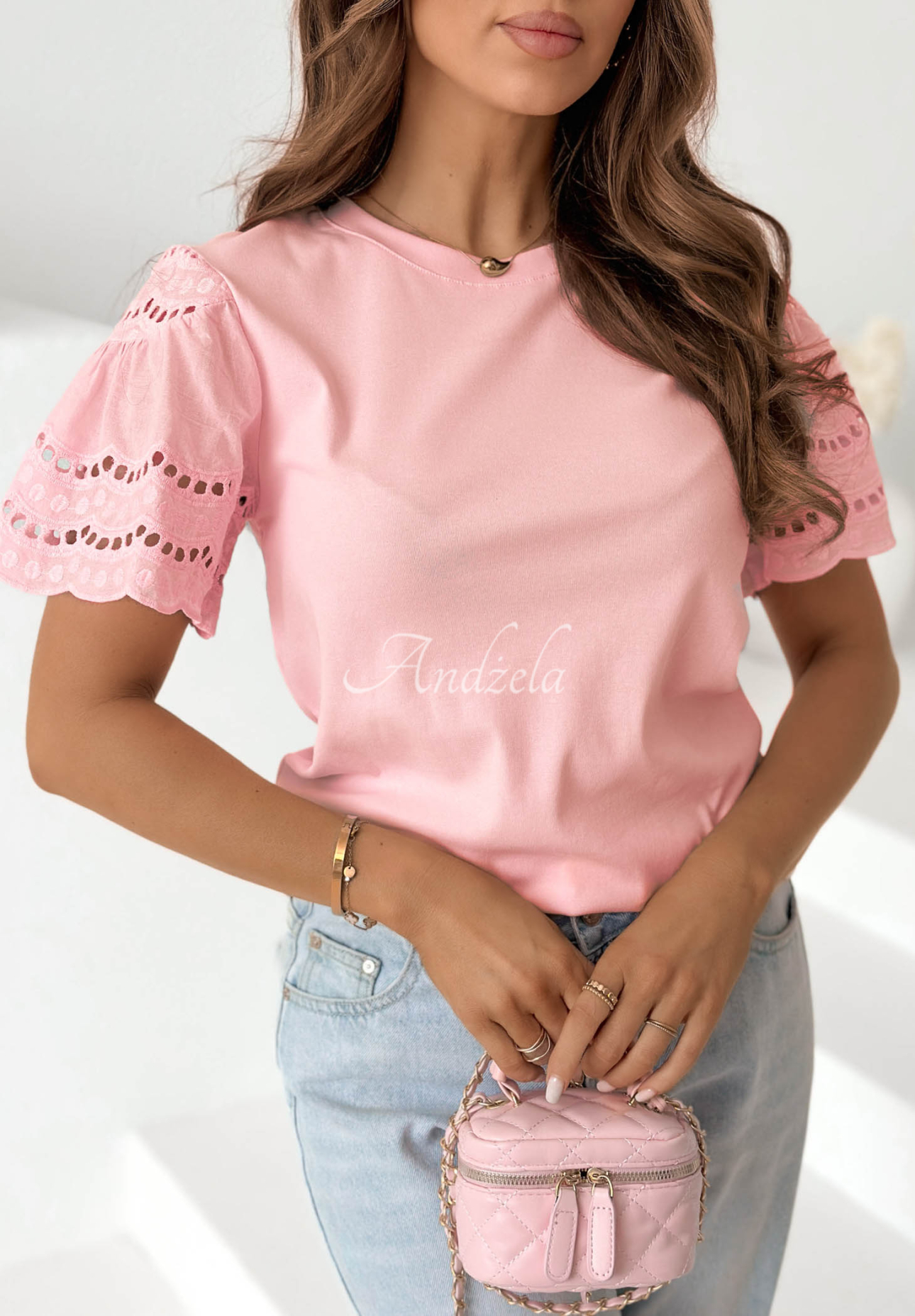 Baumwoll-T-Shirt mit durchbrochenen Ärmeln Maritta Puderrosa