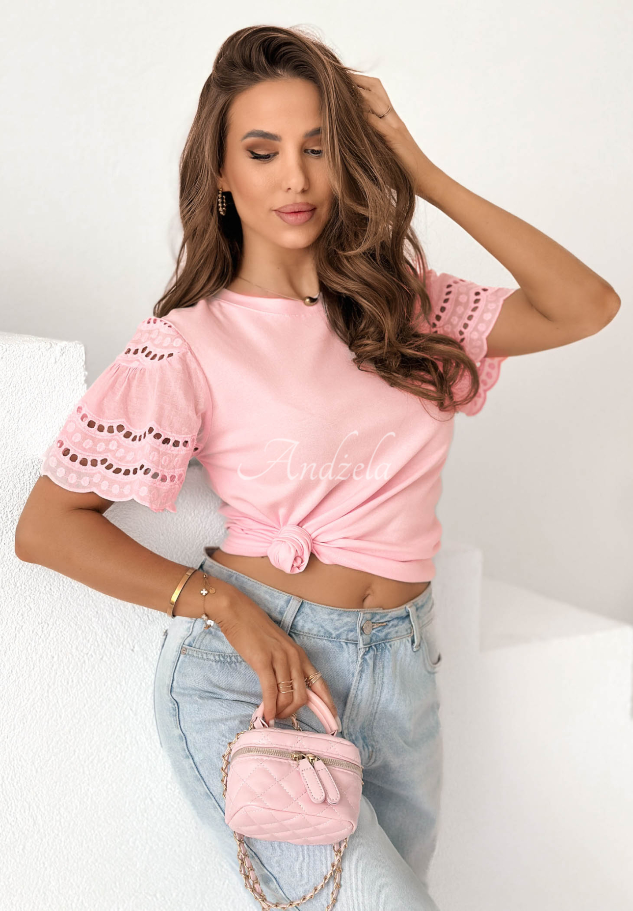 Baumwoll-T-Shirt mit durchbrochenen Ärmeln Maritta Puderrosa