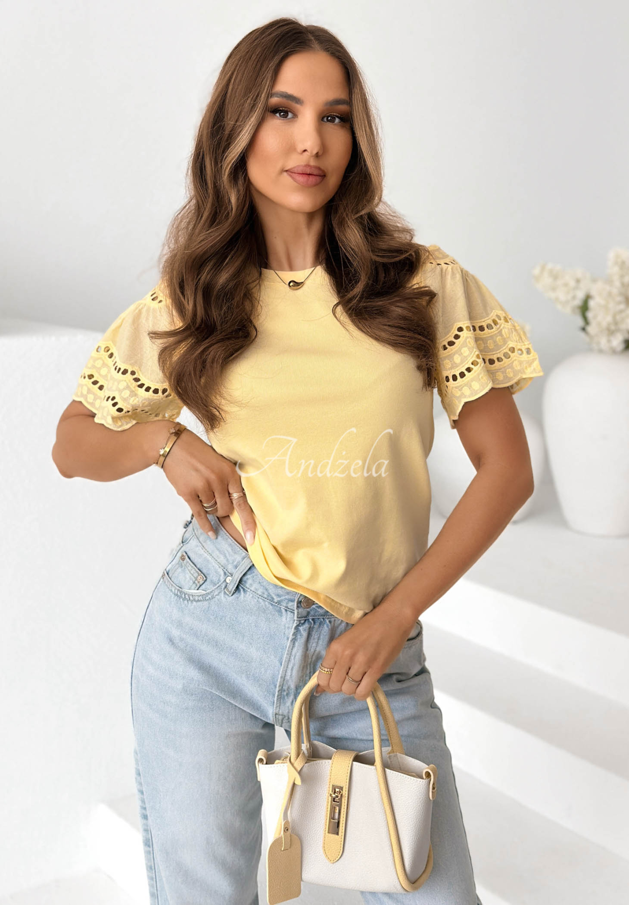 Baumwoll-T-Shirt mit durchbrochenen Ärmeln Maritta Gelb