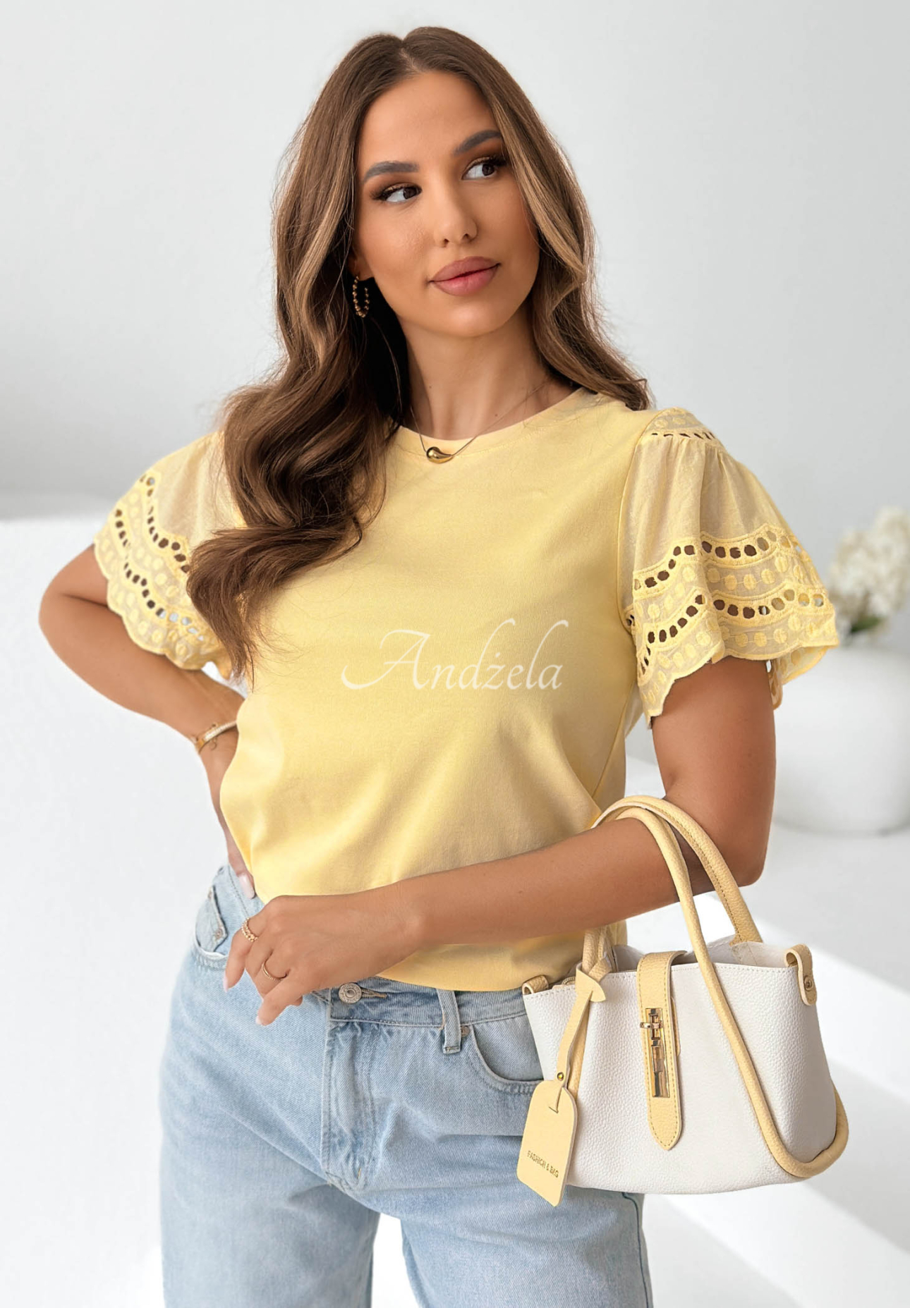 Maritta Yellow T-Shirt with Openwork Sleeves