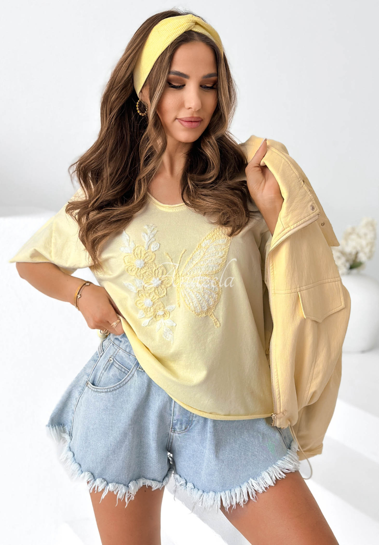 Yellow cotton blouse with "Pretty Butterfly" embroidery