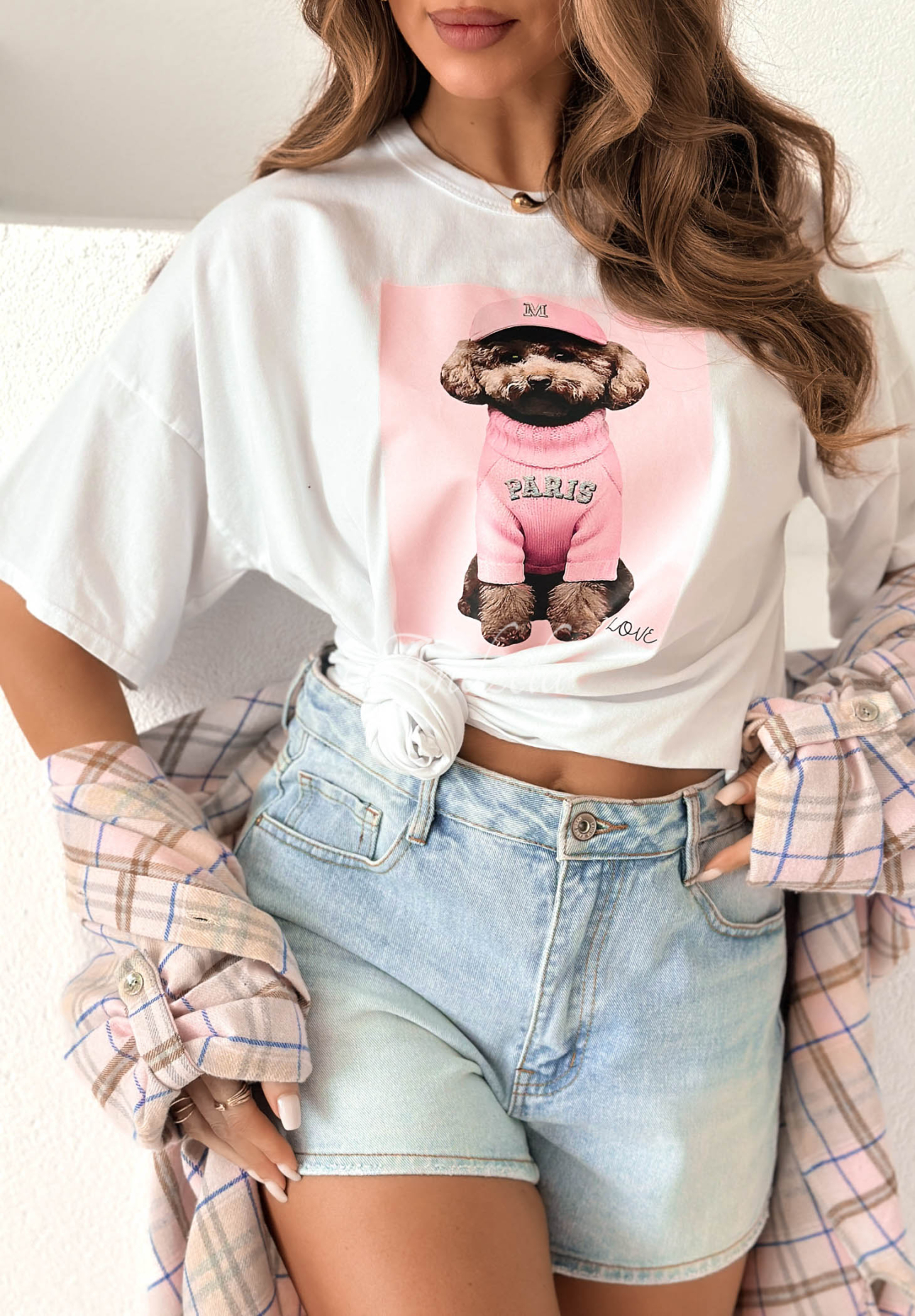 White and pink cotton T-shirt with a puppy print