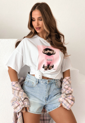 Baumwoll-T-Shirt mit Aufdruck Puppy wei&szlig;-Rosa