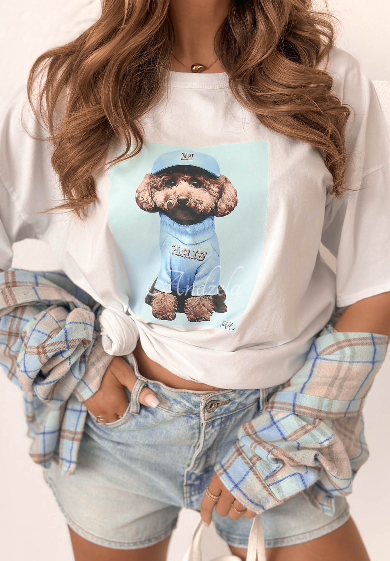 Baumwoll-T-Shirt mit Aufdruck Puppy weiß-Himmelblau