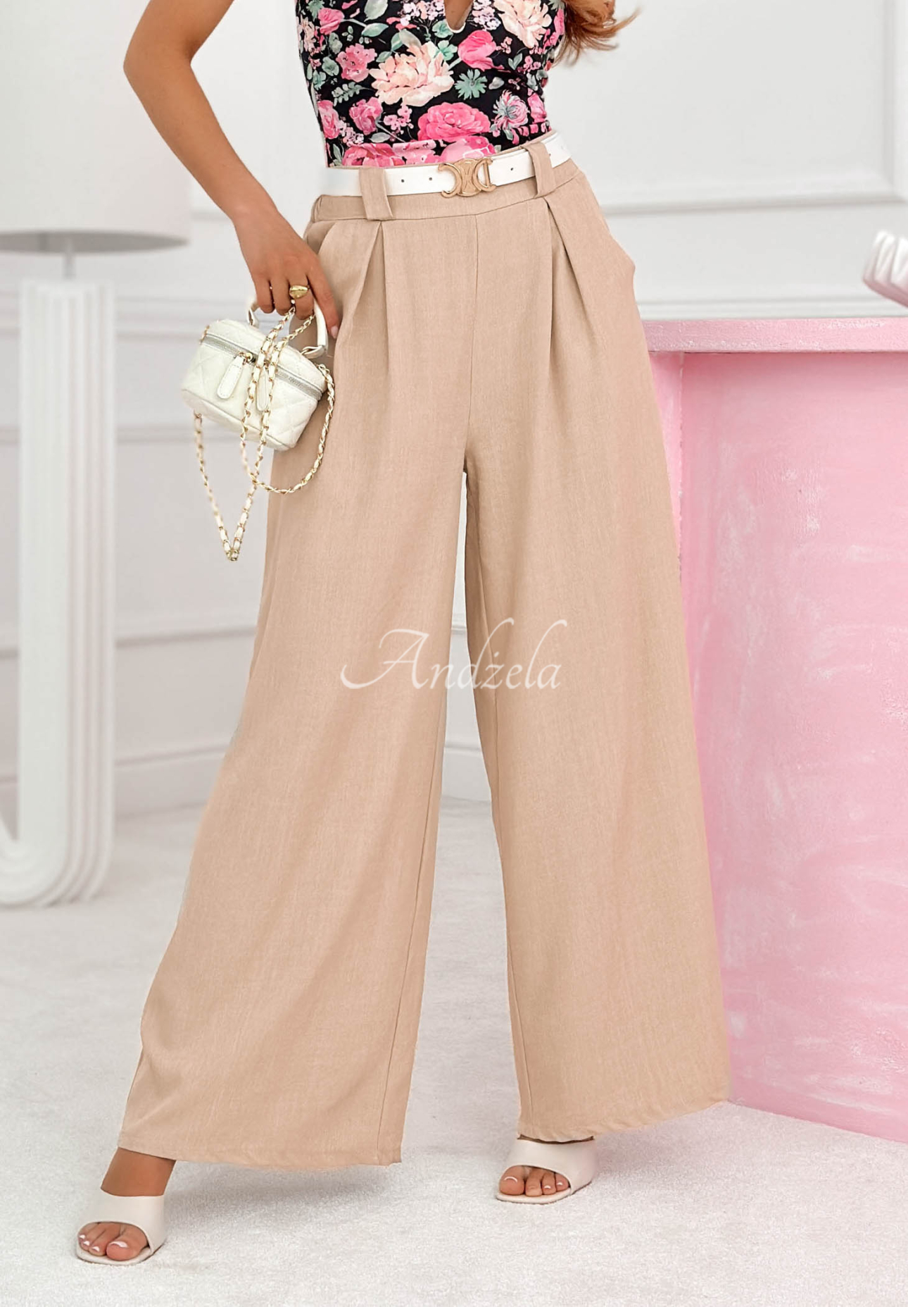 Viskose-Schlaghose wide leg mit Gürtel Morning Cappuccino Beige