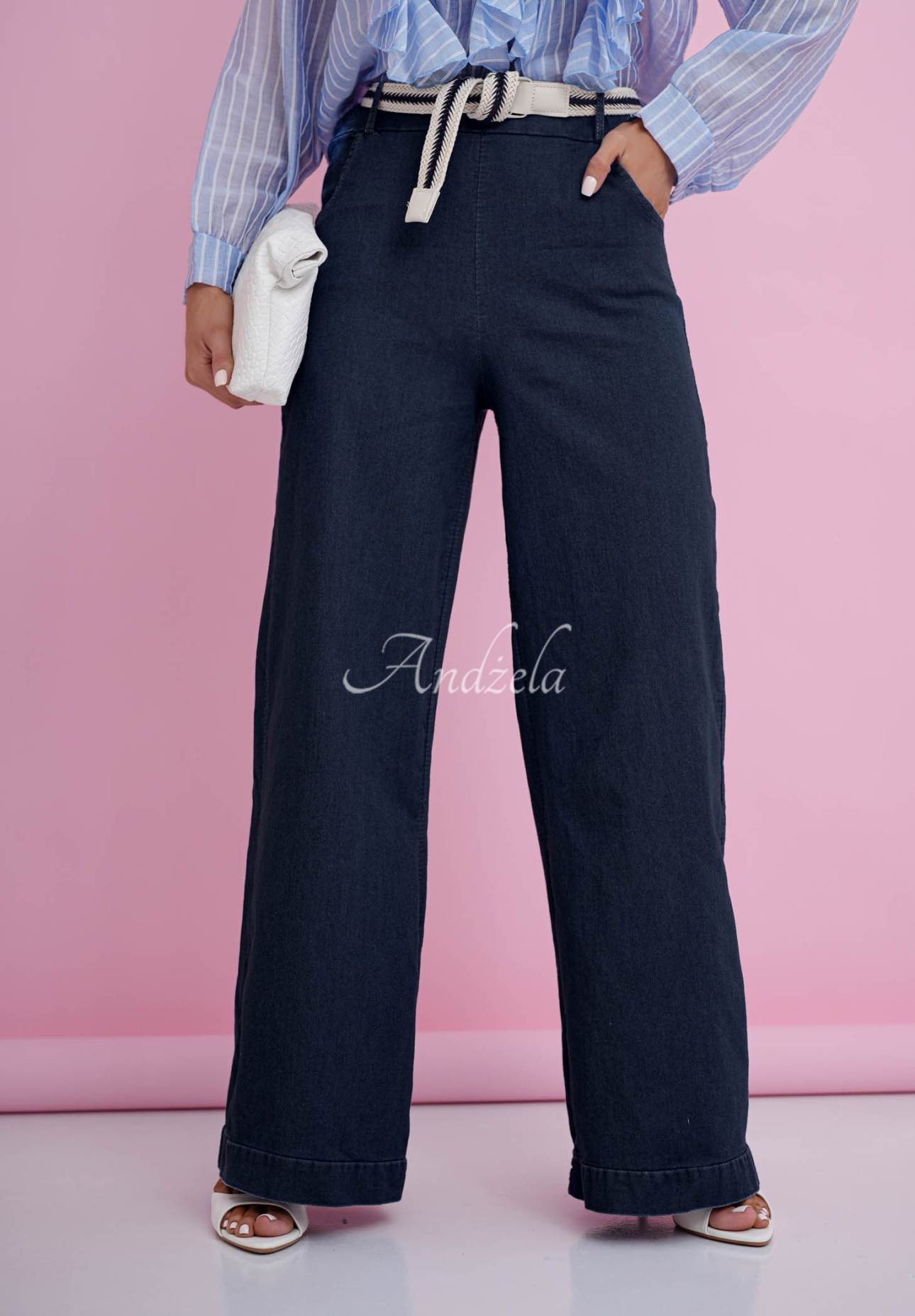 Arianna navy blue straight-leg cotton pants with a belt