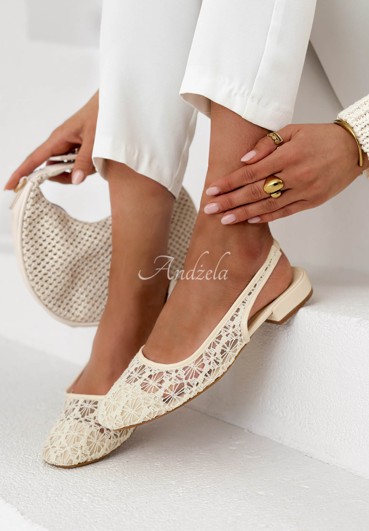 Ballerinas aus Spitze mit offenem Absatz Maisie Hell Beige