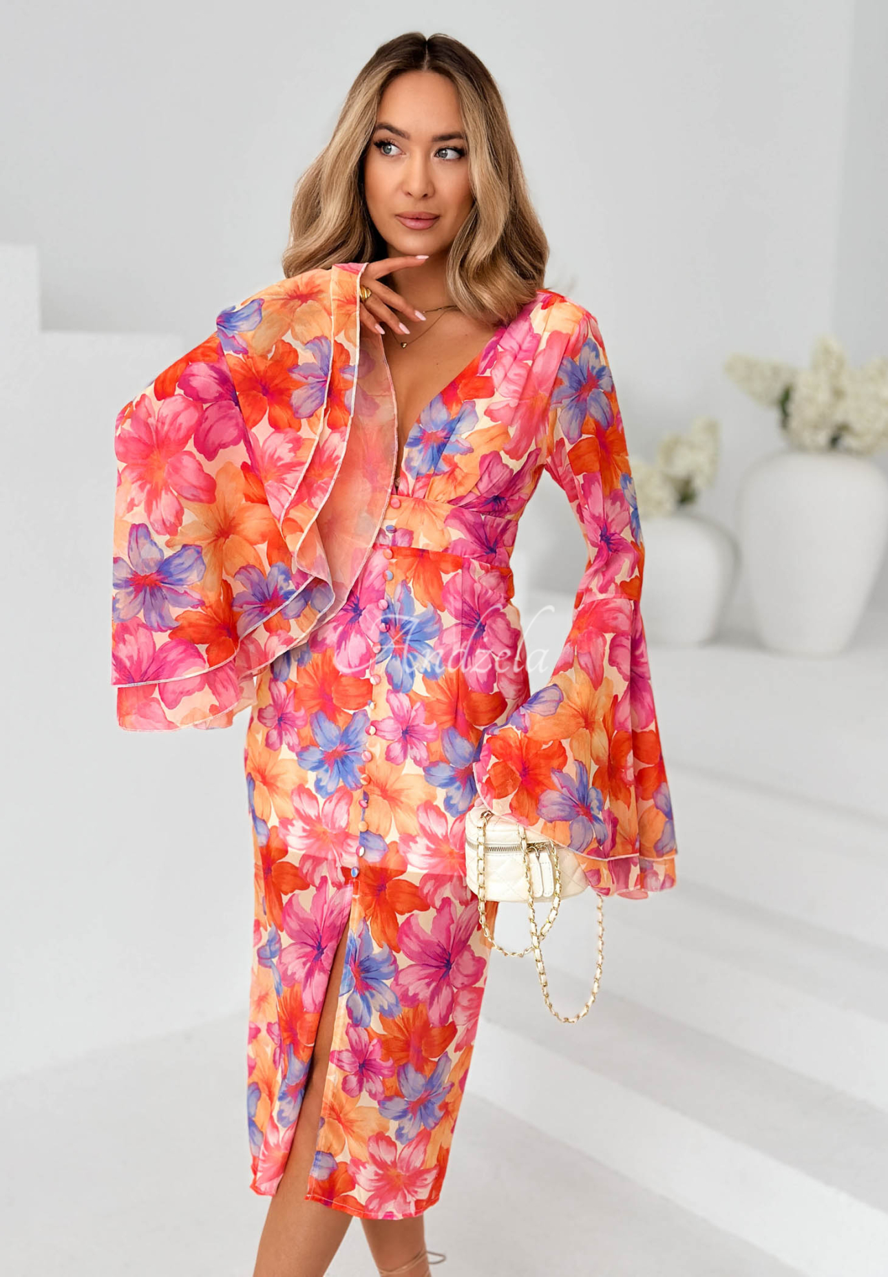 Geblümtes Kleid mit weiten Ärmeln Dreamy Bloom orange-lila