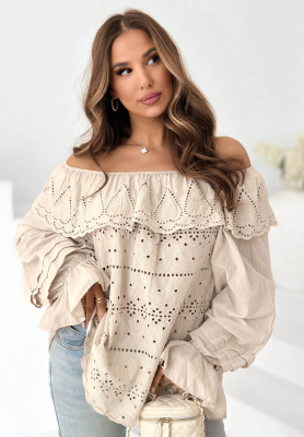 Durchbrochene Boho-Offshoulder Bluse aus Baumwolle Pretty Sunshine Beige