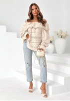 Ażurowa Bluse Kleid im spanischen Stil boho Pretty Sunshine Beige