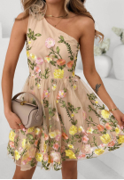 Tiulowa Kleid mini w haftowane kwiaty Grace Bloom Beige