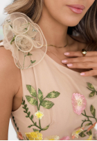 Tiulowa Kleid mini w haftowane kwiaty Grace Bloom Beige