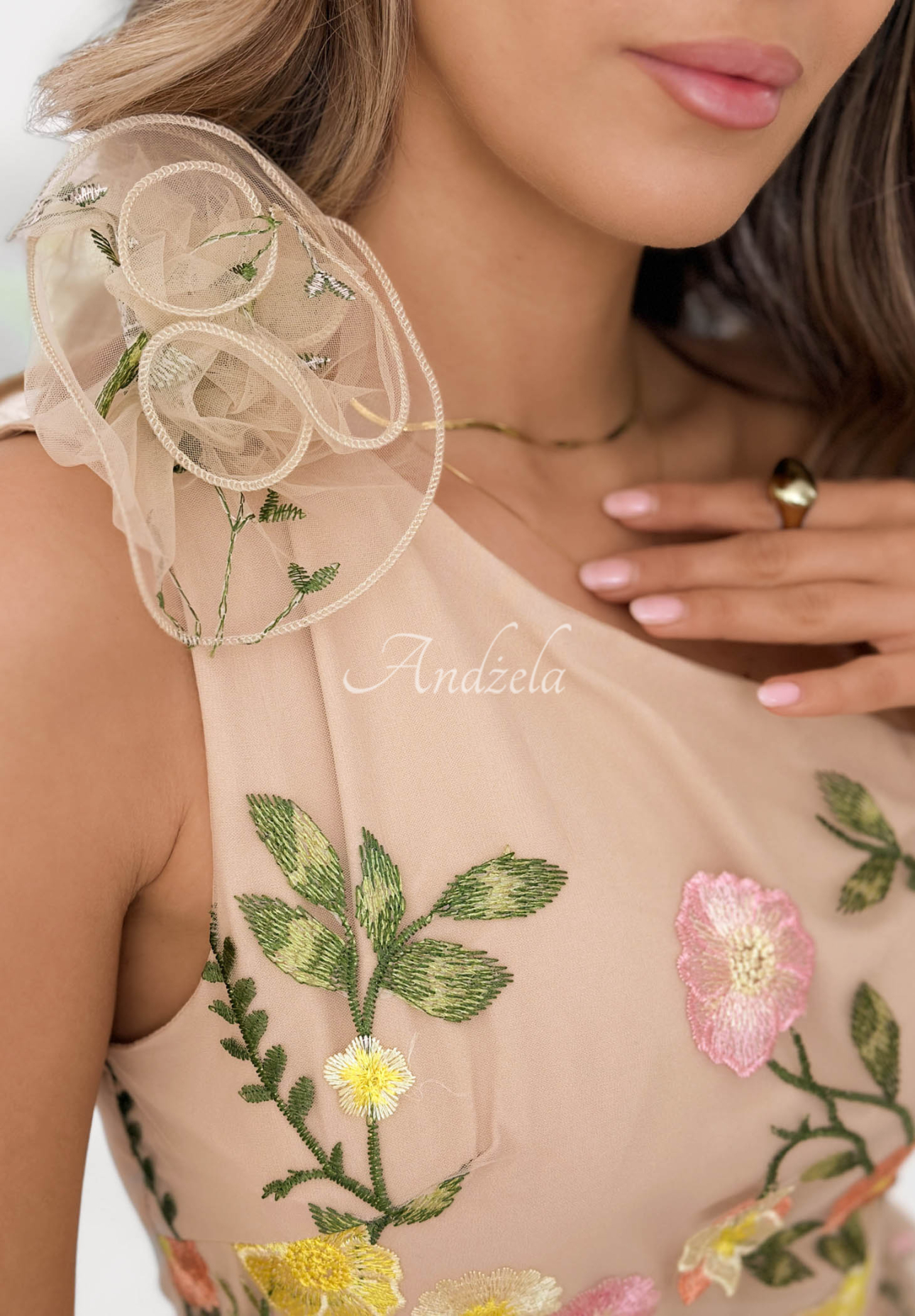 Minikleid aus Tüll mit gestickten Blumen Grace Bloom Beige