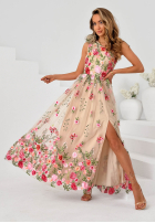 Tiulowa Kleid maxi w haftowane kwiaty Fairy Bloom Beige