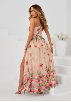 Tiulowa Kleid maxi w haftowane kwiaty Fairy Bloom Beige