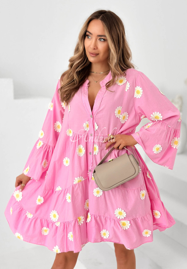 Baumwollkleid mit R&uuml;schen und Blumenapplikationen Cute Daisy Rosa