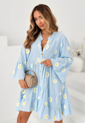Baumwollkleid mit R&uuml;schen und Blumenapplikationen Cute Daisy Himmelblau
