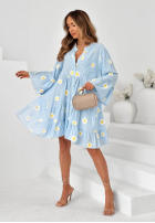 Kleid z falbankami i kwiatowymi naszywkami Cute Daisy Himmelblau
