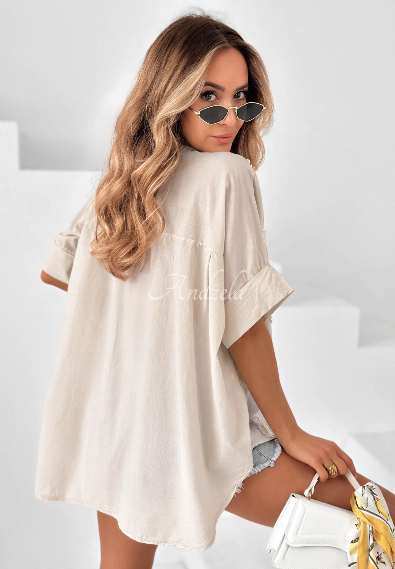 Baumwollhemd mit Blumenapplikationen Cute Daisy Beige