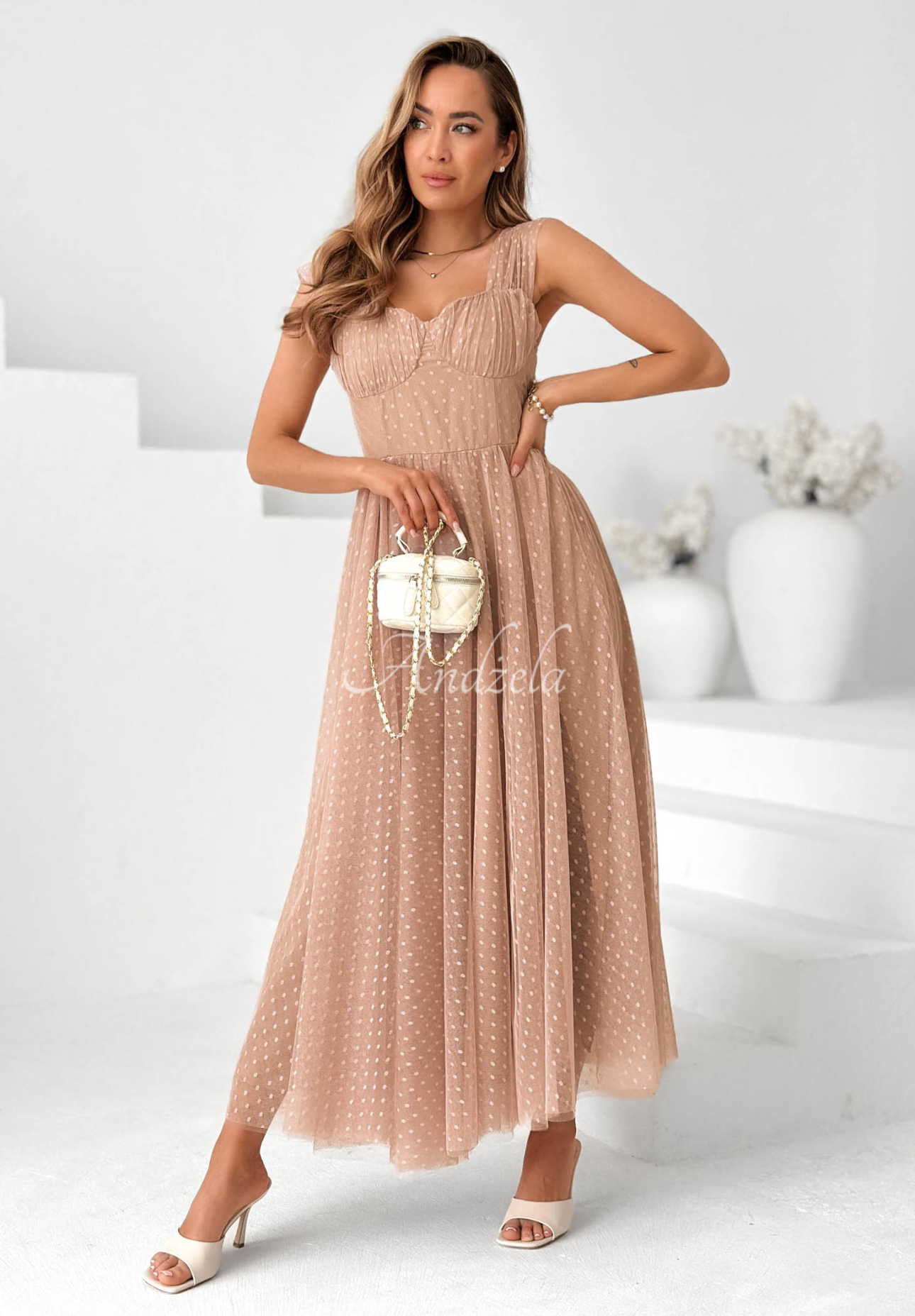 Maxikleid aus Tüll mit Polka-Dots Blush Dream Beige