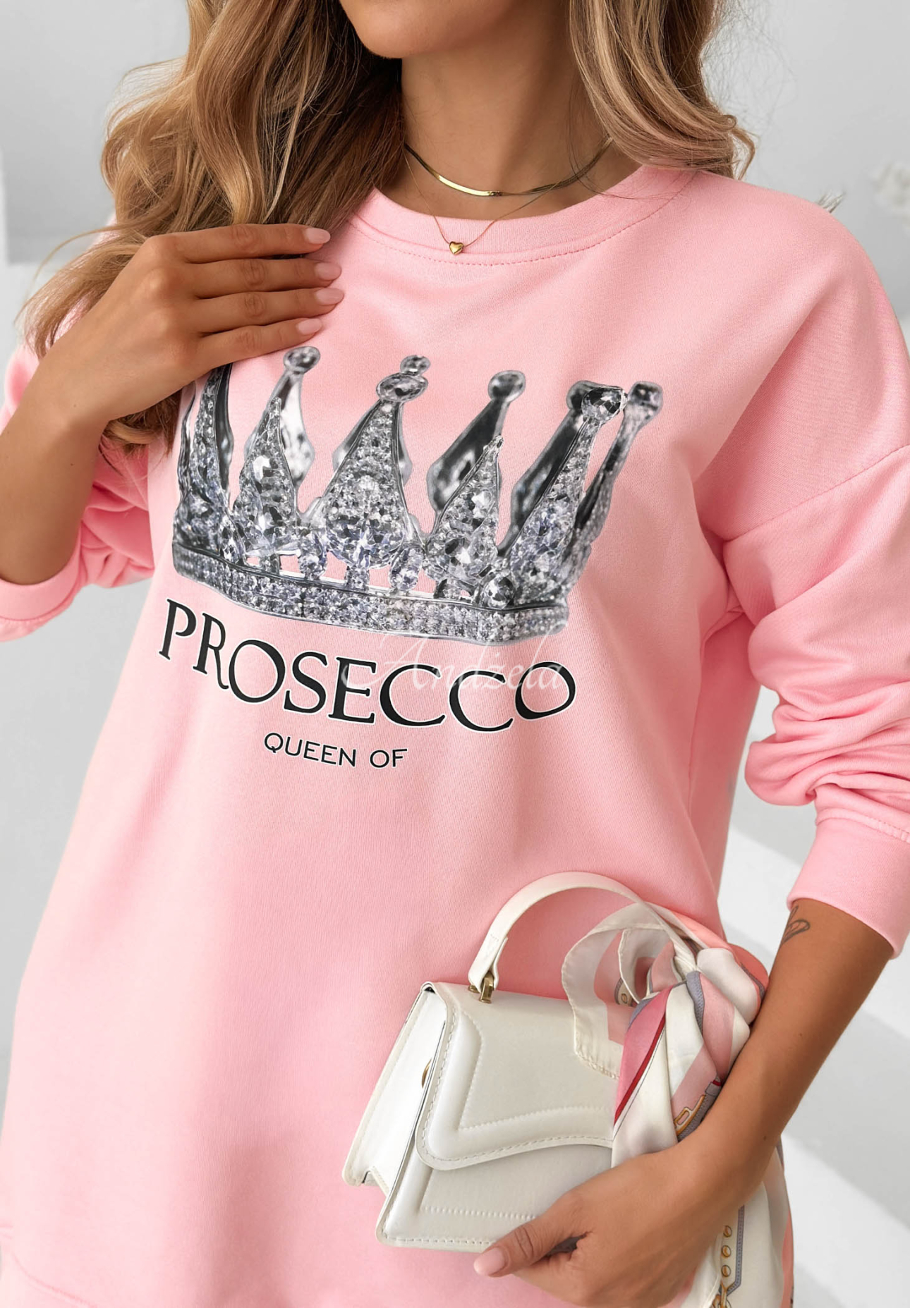 Baumwoll-Sweatkleid mit Aufdruck Queen Of Prosecco Rosa II