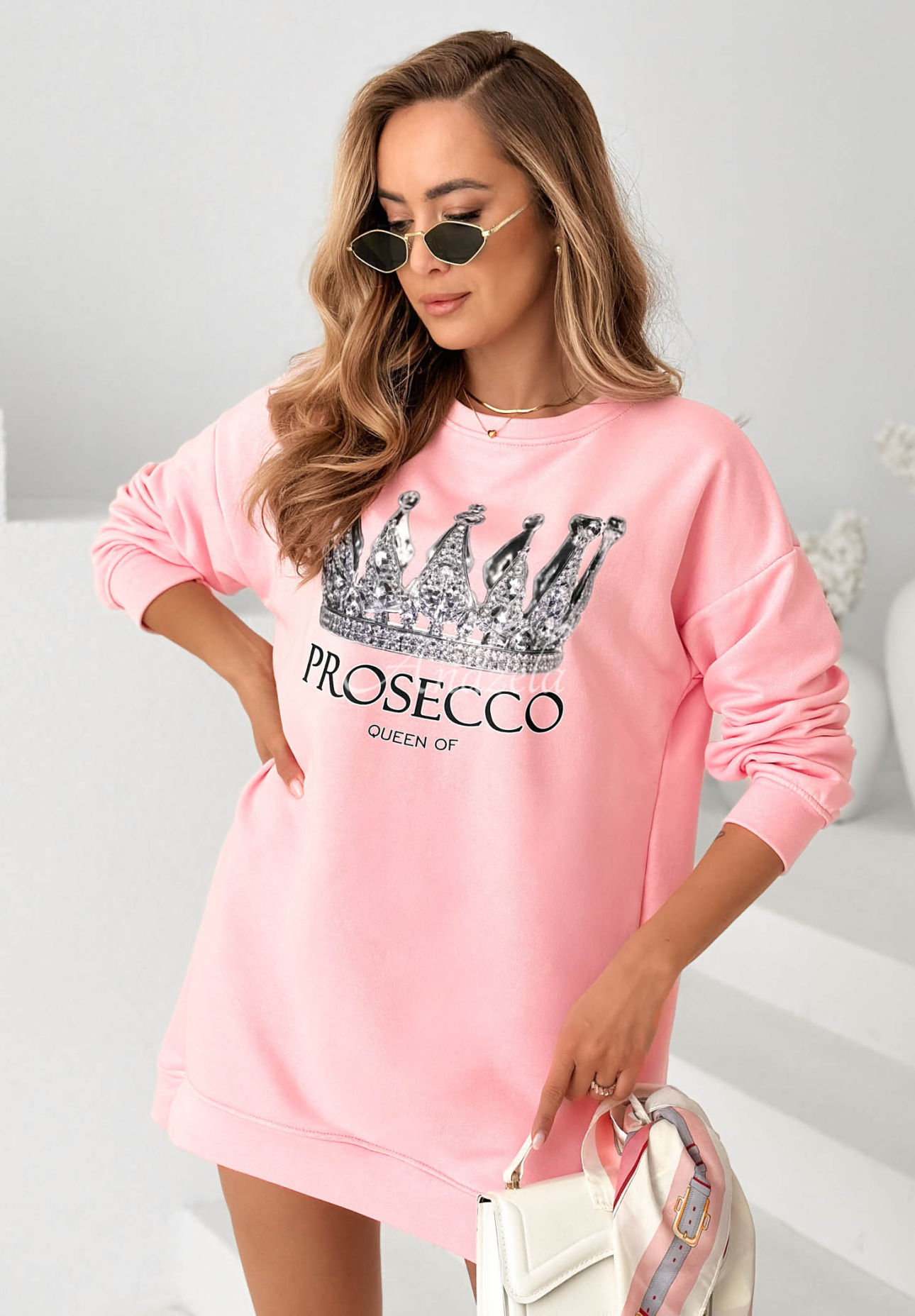 Baumwoll-Sweatkleid mit Aufdruck Queen Of Prosecco Rosa II
