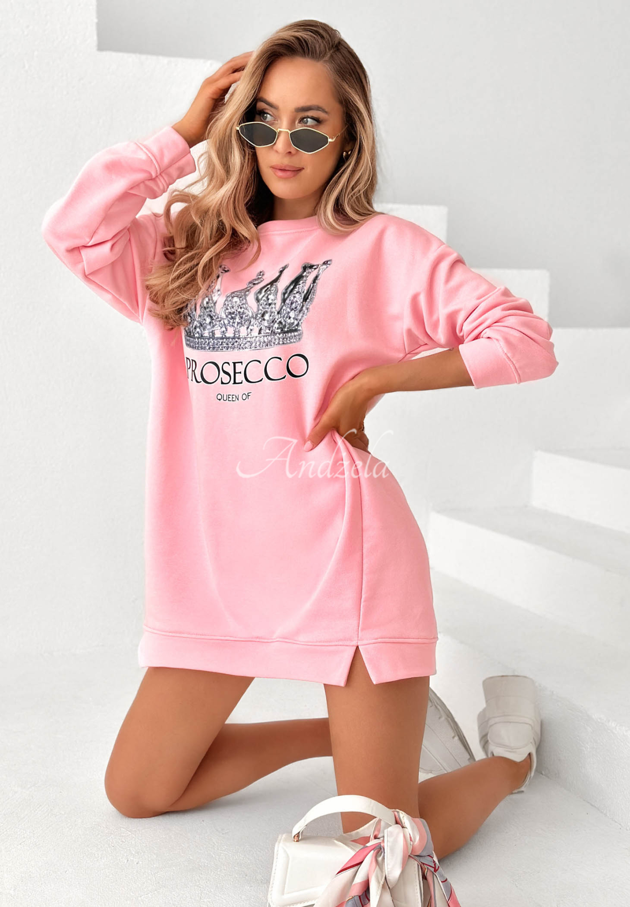 Baumwoll-Sweatkleid mit Aufdruck Queen Of Prosecco Rosa II