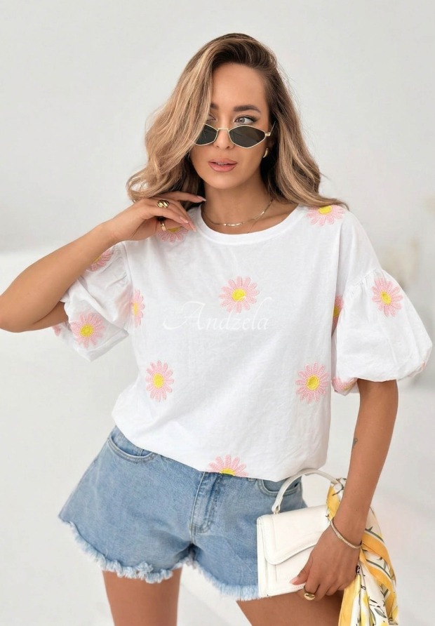 Baumwollbluse mit Puff&auml;rmeln und gestickten Blumen Sweet Daisy Wei&szlig;